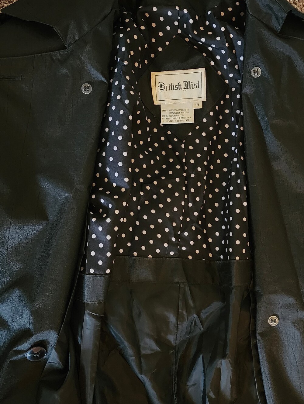 Vintage British Mist Black Double Belted Trench Rain Coat Sz 14 - Picture 12 of 15